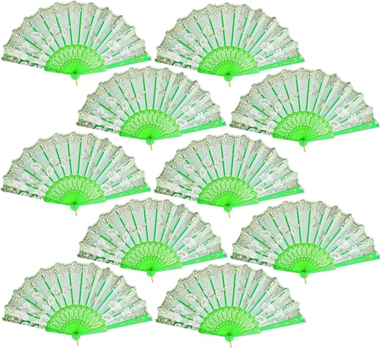 10 Pack Green Folding Hand Fans – Elegant Spanish-Style Handheld Fans with Silk Fabric and Plastic Staves, Perfect Bulk Favors for Weddings, Tea Parties, Dance Performances, and Festivals